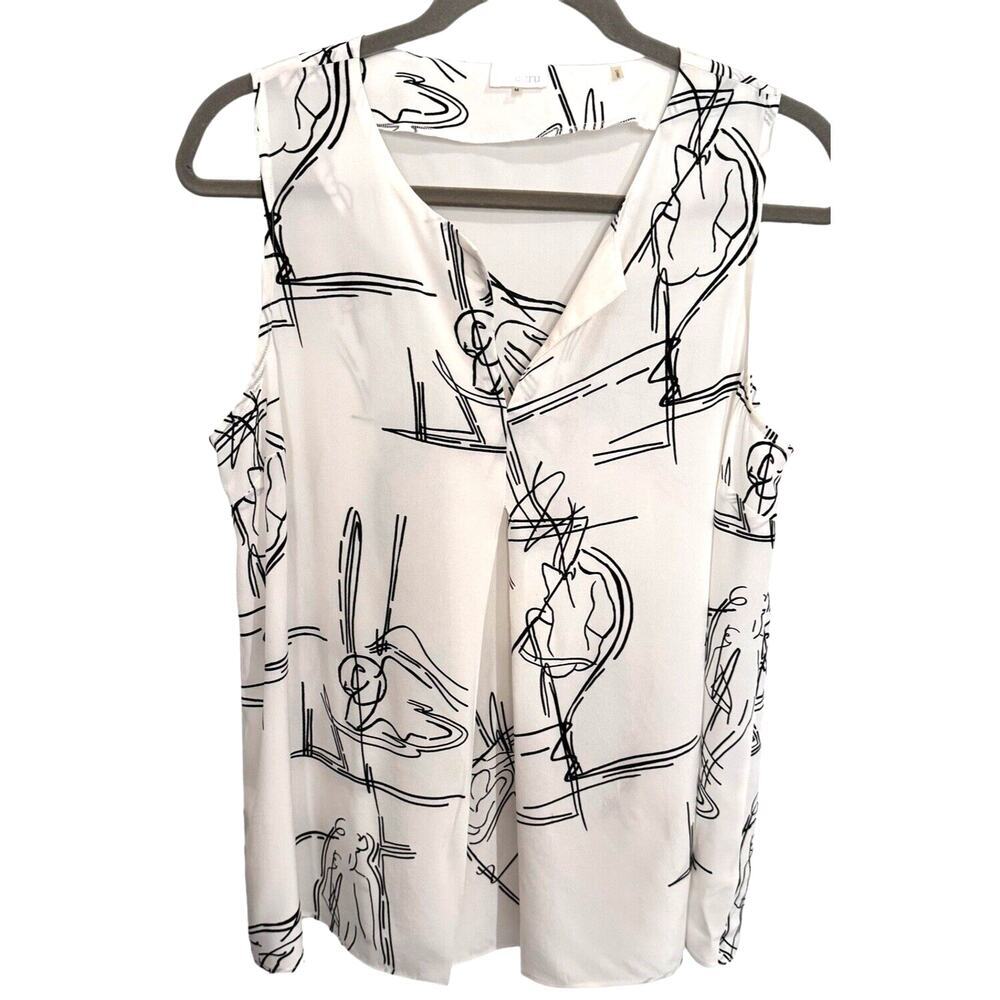 Ecru Sleeveless Silk Blouse White Black Graphic Nude Silhouettes Sz M READ